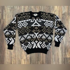 Vtg Expressions Knit Sweater Mens XL Black Gray Brown Abstract Grandpa Eclectic